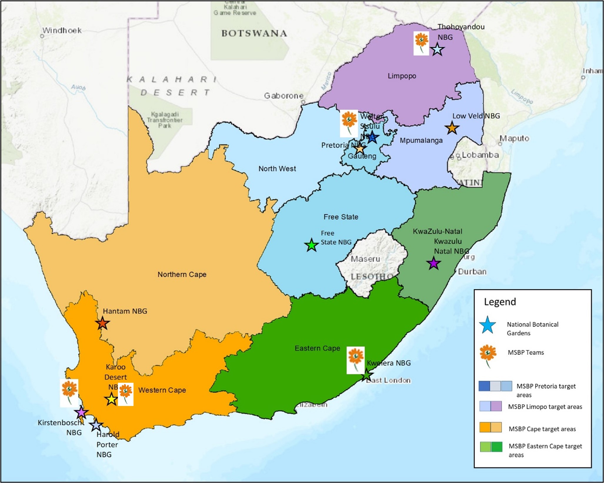 A map of South Africa highlighting the collecting areas covered by each of the MSBP teams, and their respective locations